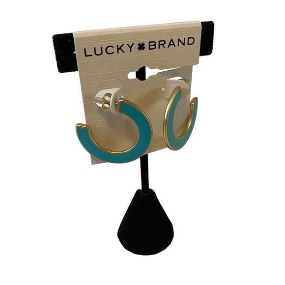 Lucky Brand Turquoise & Gold Toned Enamel Hoops. - Picture 2 of 6